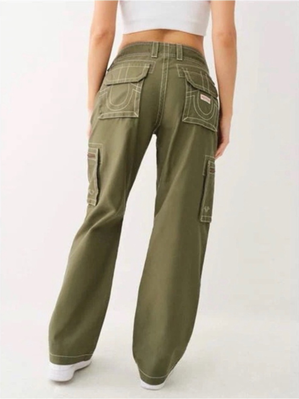 True Religion Olive Bootcut Pants with White Stitching